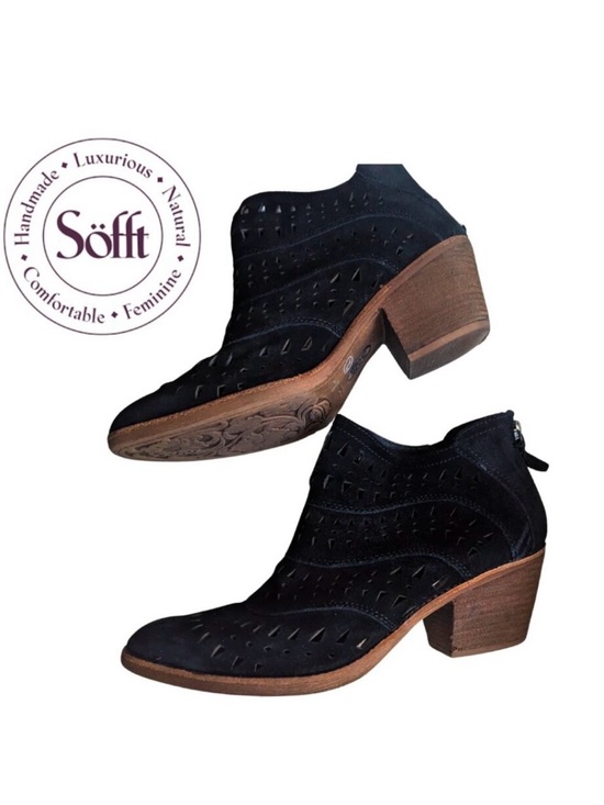 Sofft Shoes - Söfft Black Westwood II Suede Laser Cutout Ankle Booties with Wood-Look Heel